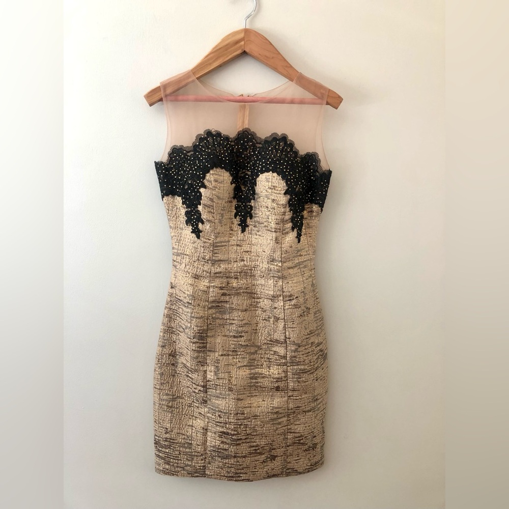 Black & Gold Beaded Corset Cocktail Dress-Sheer Illusion Neckline-Boutique